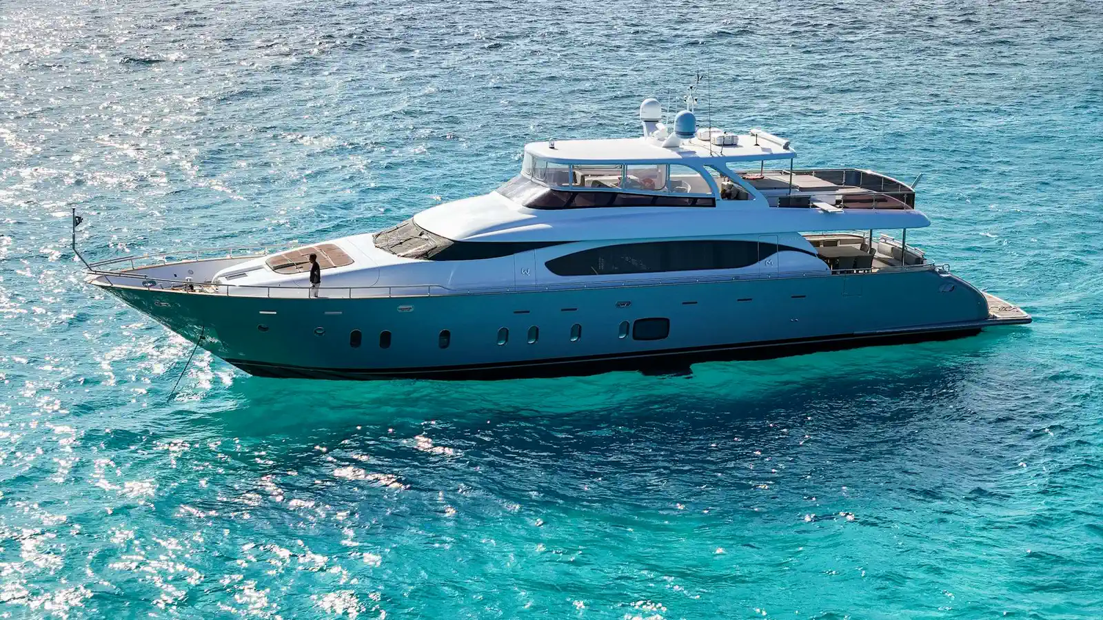 Motor yacht on turquoise water — illustrative, not an offered vessel